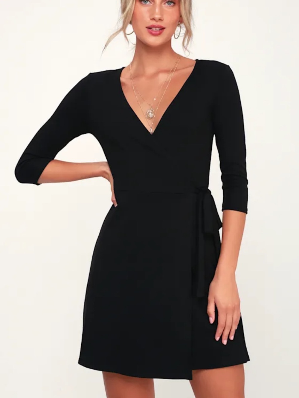 Lulus All At Once Black 3/4 Sleeve Wrap Dress Size Medium